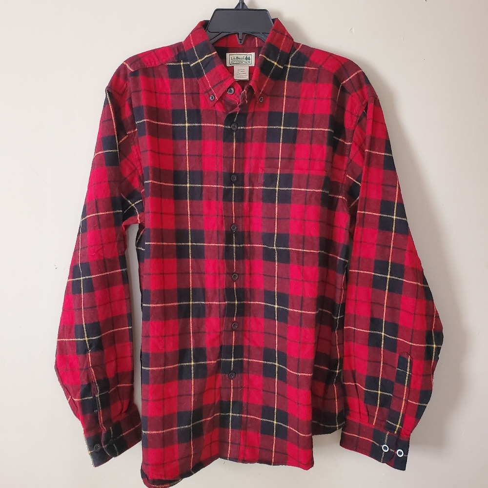 L.L. Bean Red Plaid Button Down Cotton Flannel Shirt Size Mens Large Reg